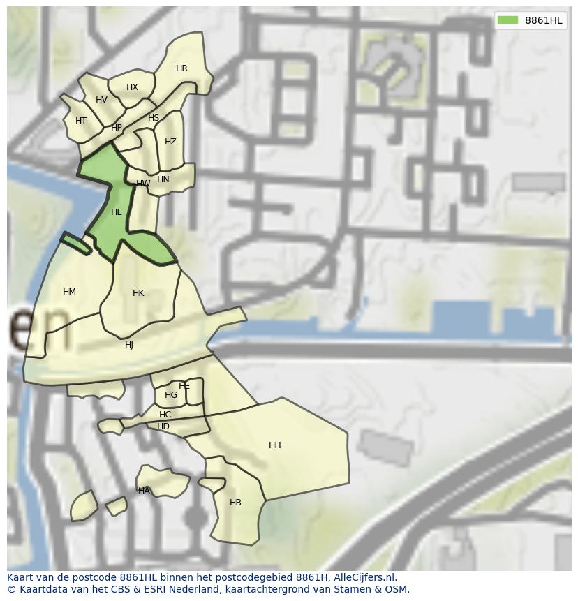 Afbeelding van het postcodegebied 8861 HL op de kaart.