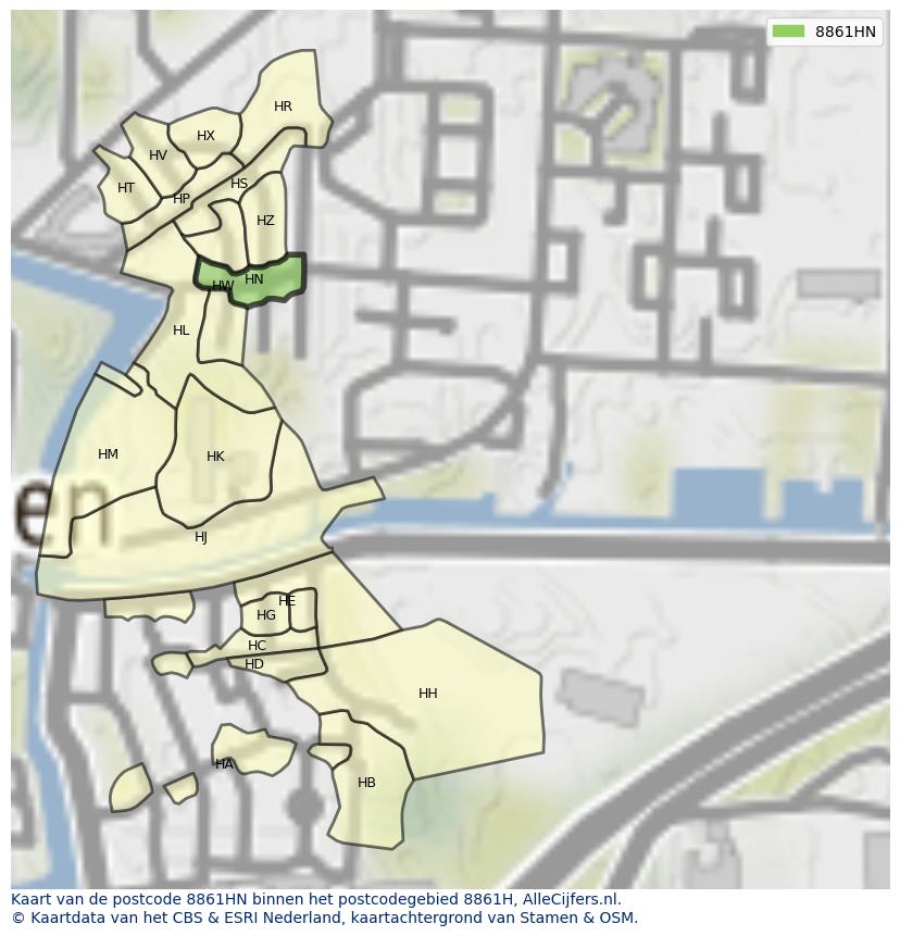 Afbeelding van het postcodegebied 8861 HN op de kaart.
