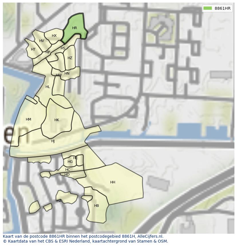 Afbeelding van het postcodegebied 8861 HR op de kaart.
