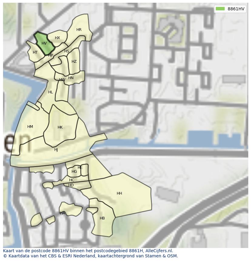Afbeelding van het postcodegebied 8861 HV op de kaart.