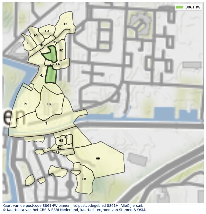 Afbeelding van het postcodegebied 8861 HW op de kaart.