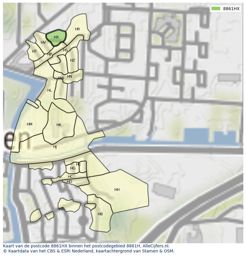 Afbeelding van het postcodegebied 8861 HX op de kaart.
