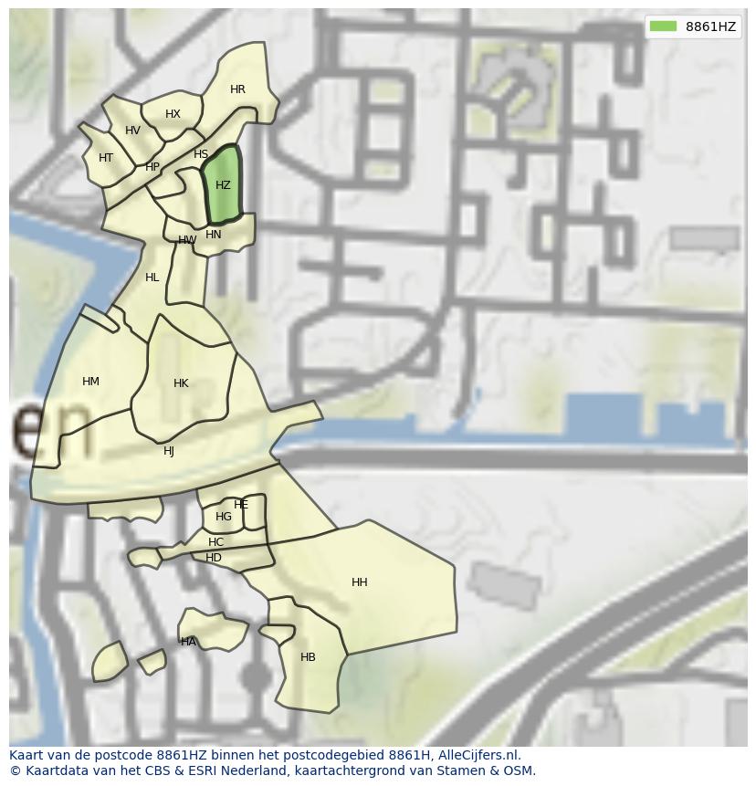 Afbeelding van het postcodegebied 8861 HZ op de kaart.