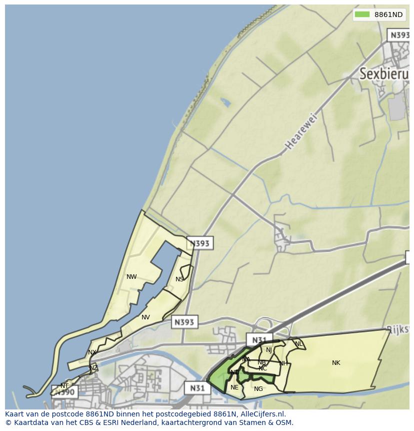 Afbeelding van het postcodegebied 8861 ND op de kaart.