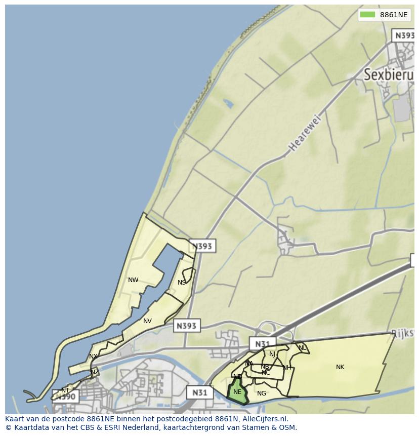 Afbeelding van het postcodegebied 8861 NE op de kaart.