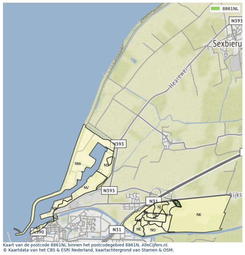 Afbeelding van het postcodegebied 8861 NL op de kaart.