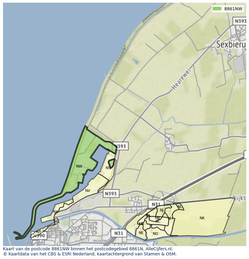 Afbeelding van het postcodegebied 8861 NW op de kaart.