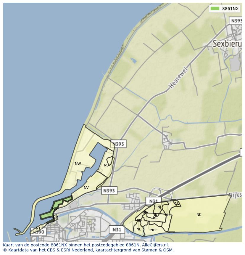 Afbeelding van het postcodegebied 8861 NX op de kaart.
