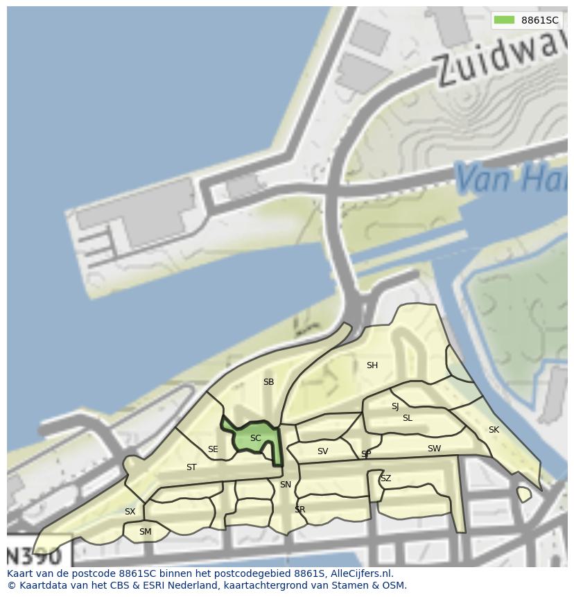 Afbeelding van het postcodegebied 8861 SC op de kaart.