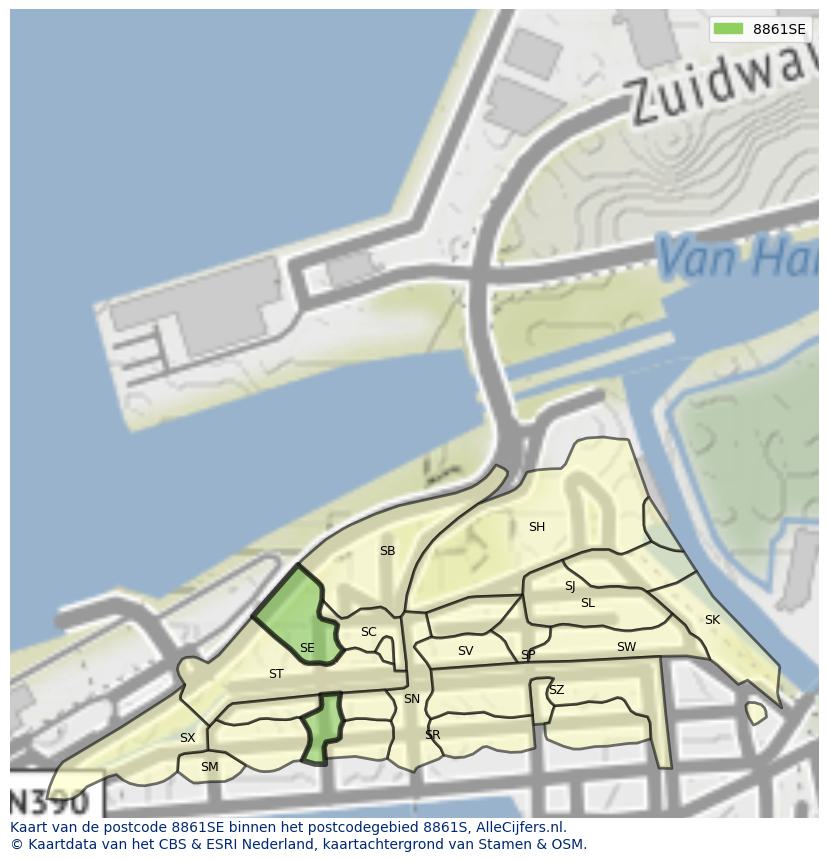 Afbeelding van het postcodegebied 8861 SE op de kaart.