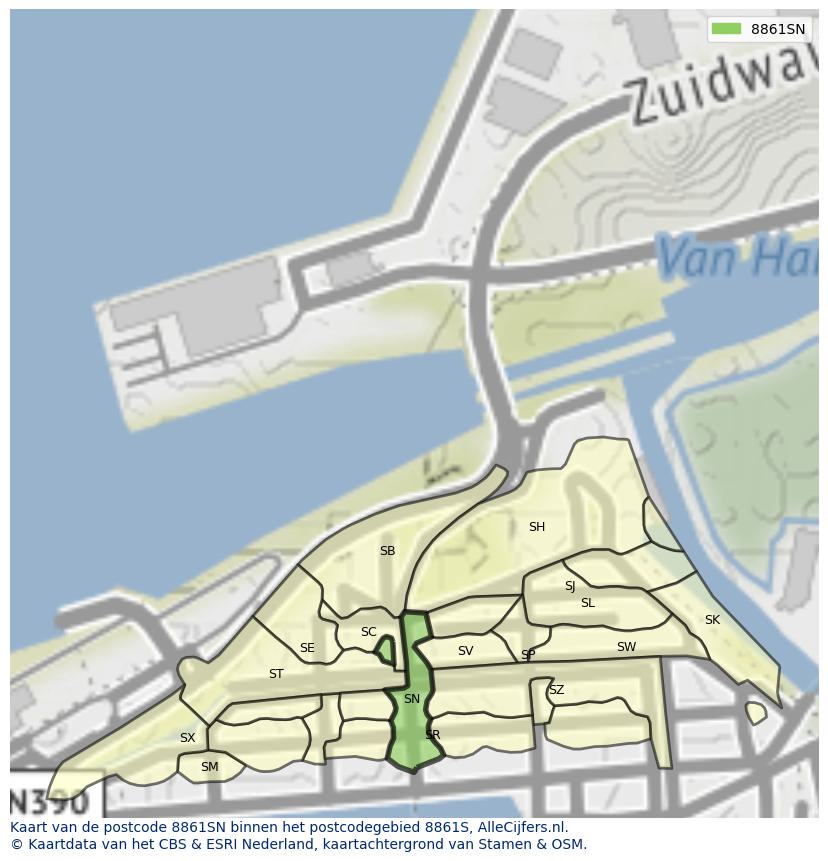 Afbeelding van het postcodegebied 8861 SN op de kaart.