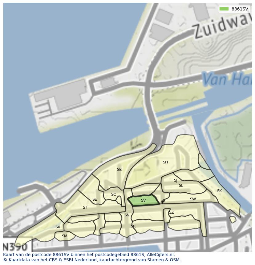 Afbeelding van het postcodegebied 8861 SV op de kaart.