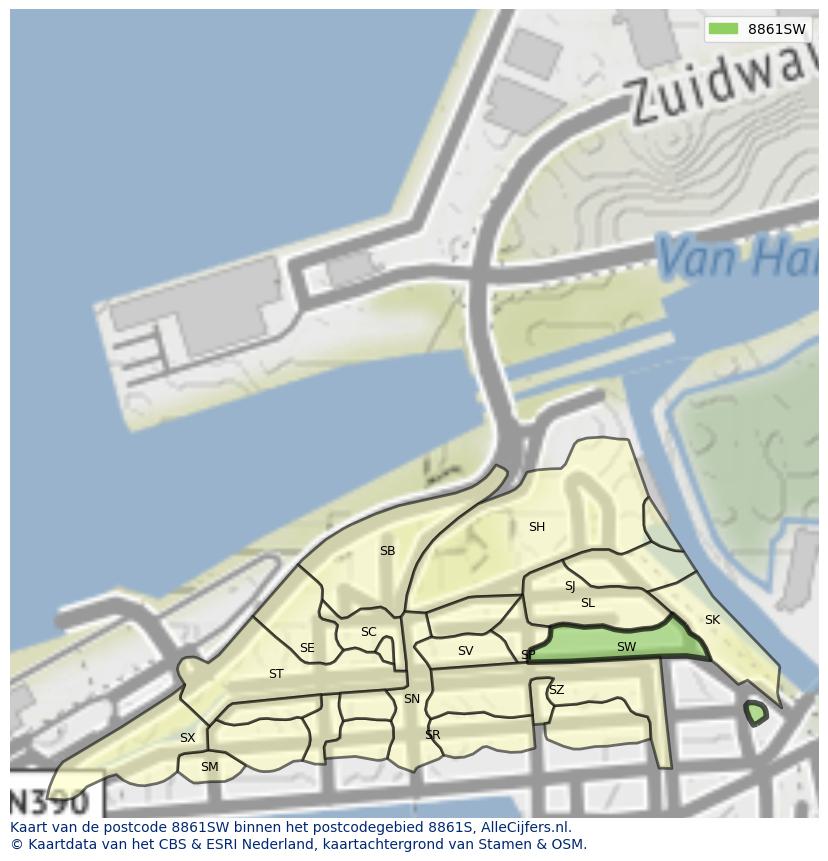 Afbeelding van het postcodegebied 8861 SW op de kaart.