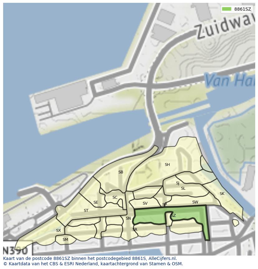 Afbeelding van het postcodegebied 8861 SZ op de kaart.