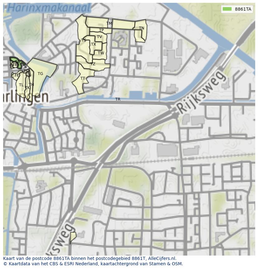 Afbeelding van het postcodegebied 8861 TA op de kaart.