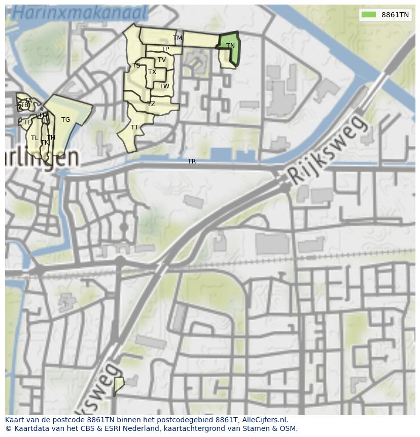 Afbeelding van het postcodegebied 8861 TN op de kaart.