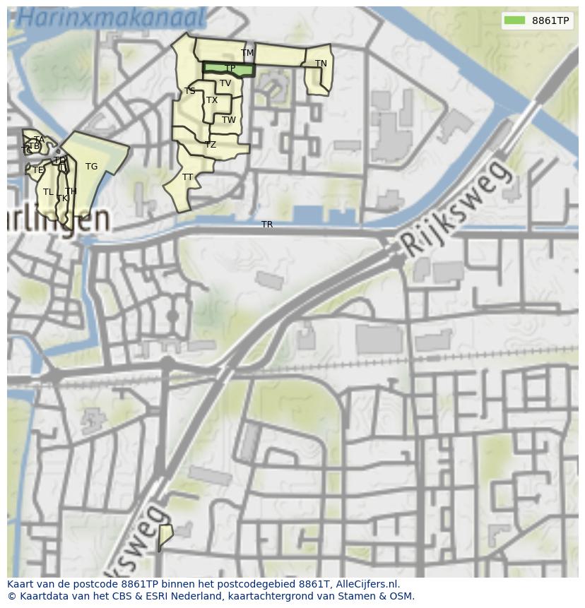 Afbeelding van het postcodegebied 8861 TP op de kaart.