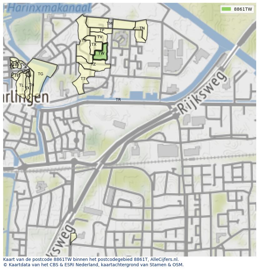 Afbeelding van het postcodegebied 8861 TW op de kaart.