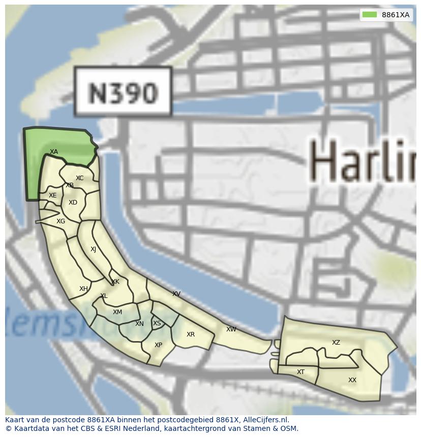 Afbeelding van het postcodegebied 8861 XA op de kaart.