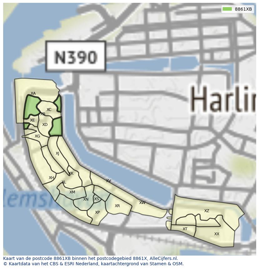 Afbeelding van het postcodegebied 8861 XB op de kaart.