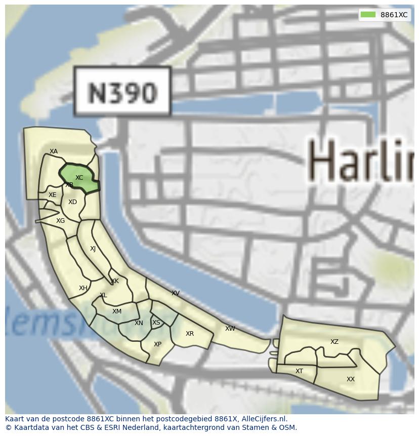 Afbeelding van het postcodegebied 8861 XC op de kaart.