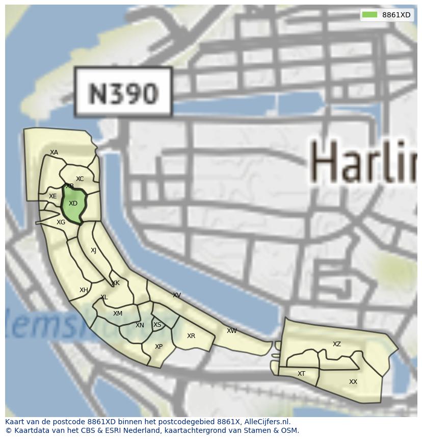 Afbeelding van het postcodegebied 8861 XD op de kaart.