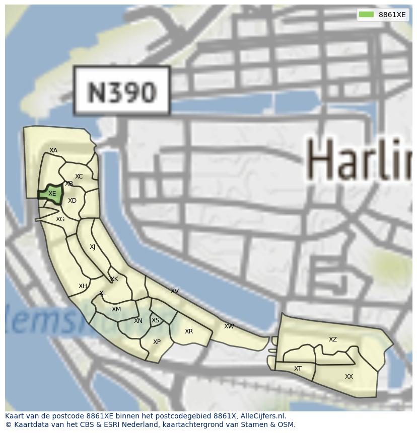 Afbeelding van het postcodegebied 8861 XE op de kaart.