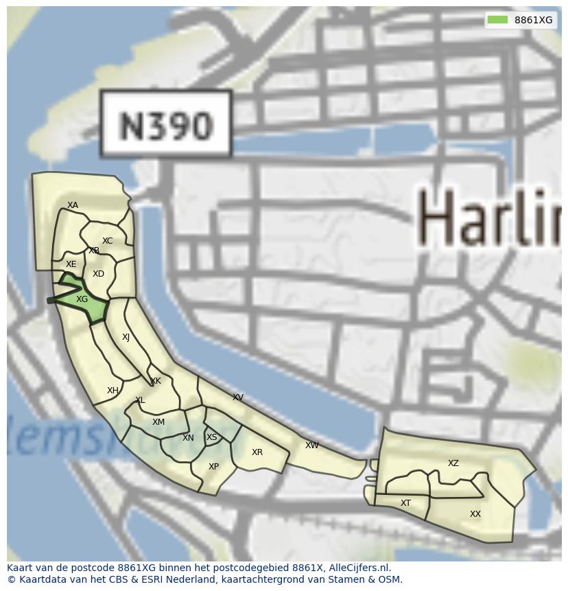 Afbeelding van het postcodegebied 8861 XG op de kaart.