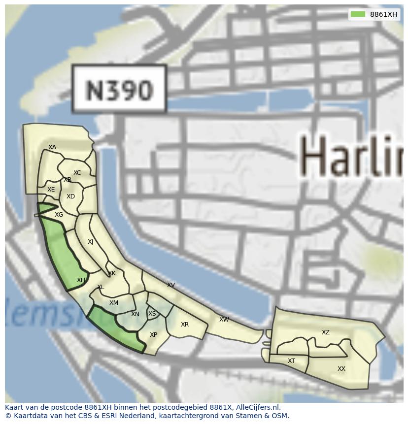Afbeelding van het postcodegebied 8861 XH op de kaart.