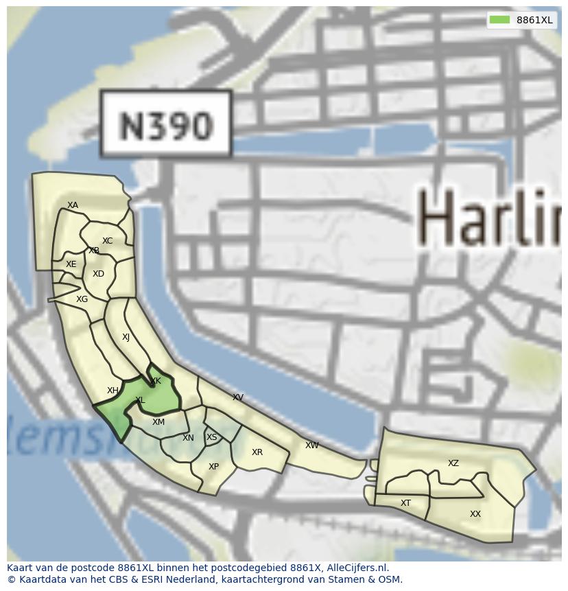 Afbeelding van het postcodegebied 8861 XL op de kaart.