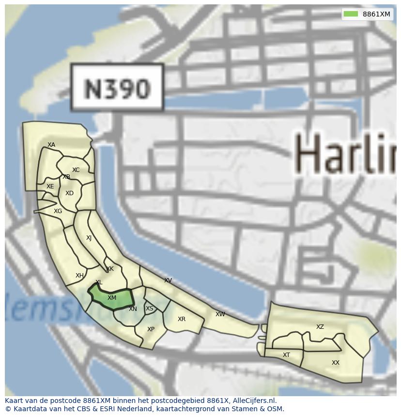 Afbeelding van het postcodegebied 8861 XM op de kaart.