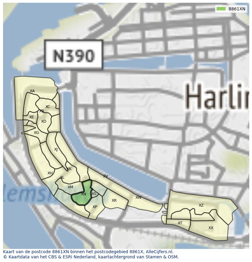 Afbeelding van het postcodegebied 8861 XN op de kaart.