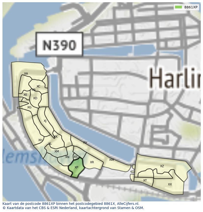 Afbeelding van het postcodegebied 8861 XP op de kaart.