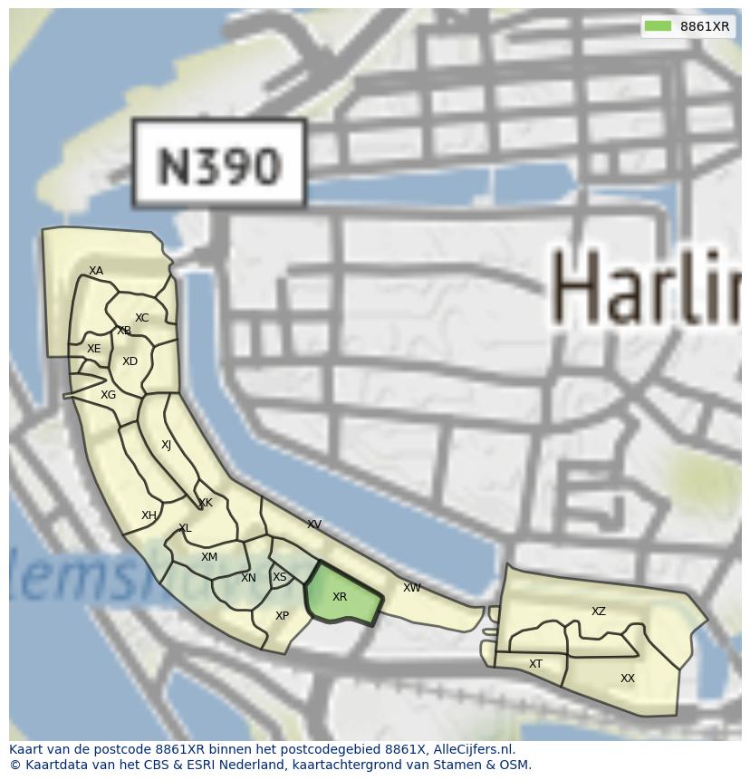 Afbeelding van het postcodegebied 8861 XR op de kaart.
