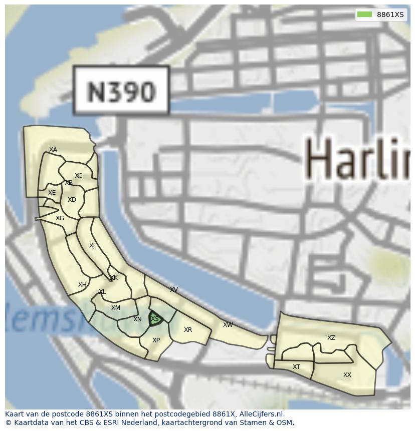 Afbeelding van het postcodegebied 8861 XS op de kaart.