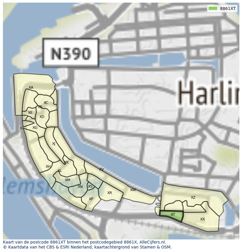 Afbeelding van het postcodegebied 8861 XT op de kaart.