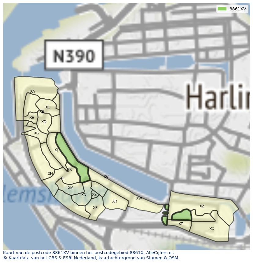 Afbeelding van het postcodegebied 8861 XV op de kaart.