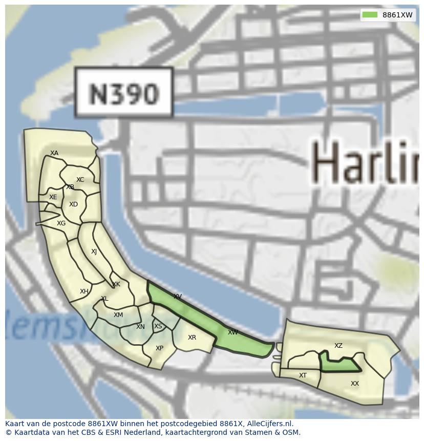 Afbeelding van het postcodegebied 8861 XW op de kaart.