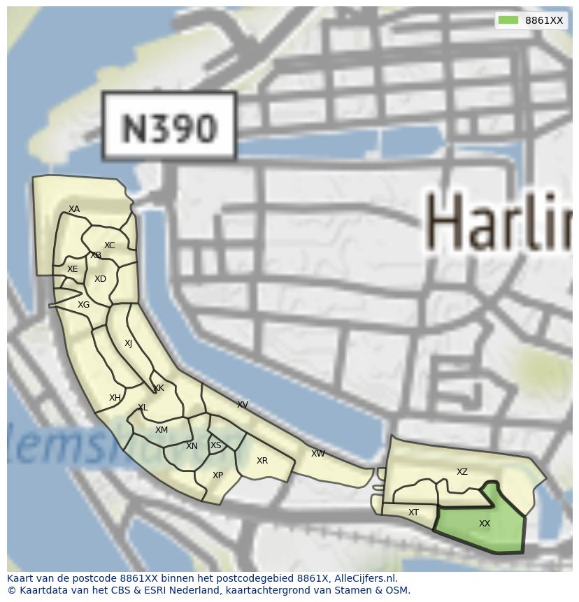 Afbeelding van het postcodegebied 8861 XX op de kaart.