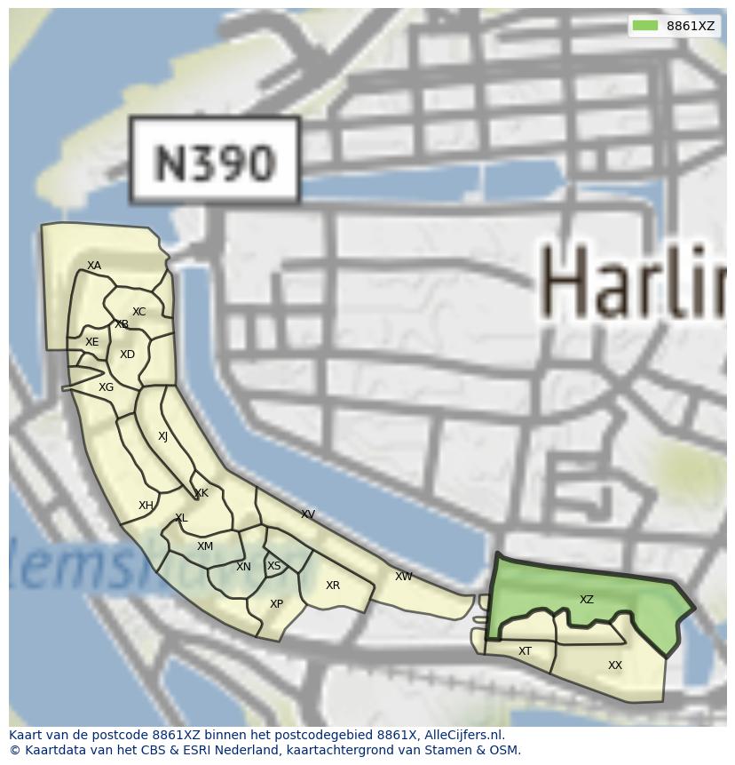 Afbeelding van het postcodegebied 8861 XZ op de kaart.