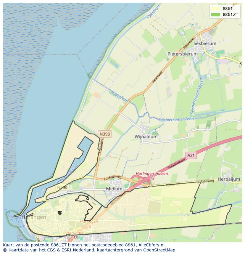 Afbeelding van het postcodegebied 8861 ZT op de kaart.