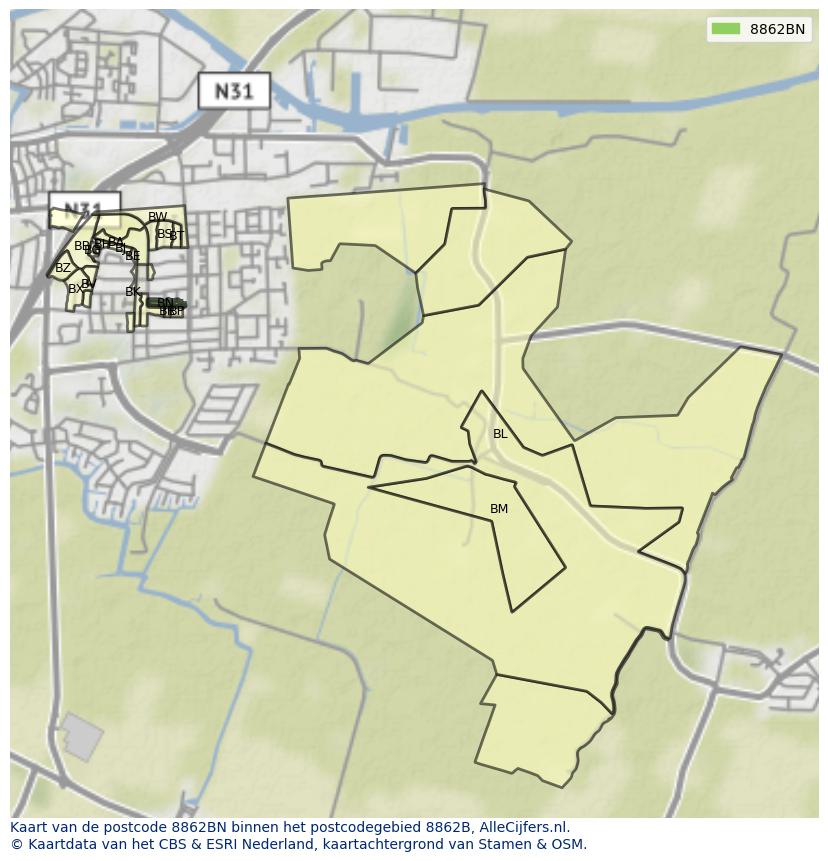 Afbeelding van het postcodegebied 8862 BN op de kaart.
