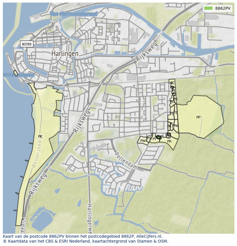 Afbeelding van het postcodegebied 8862 PV op de kaart.