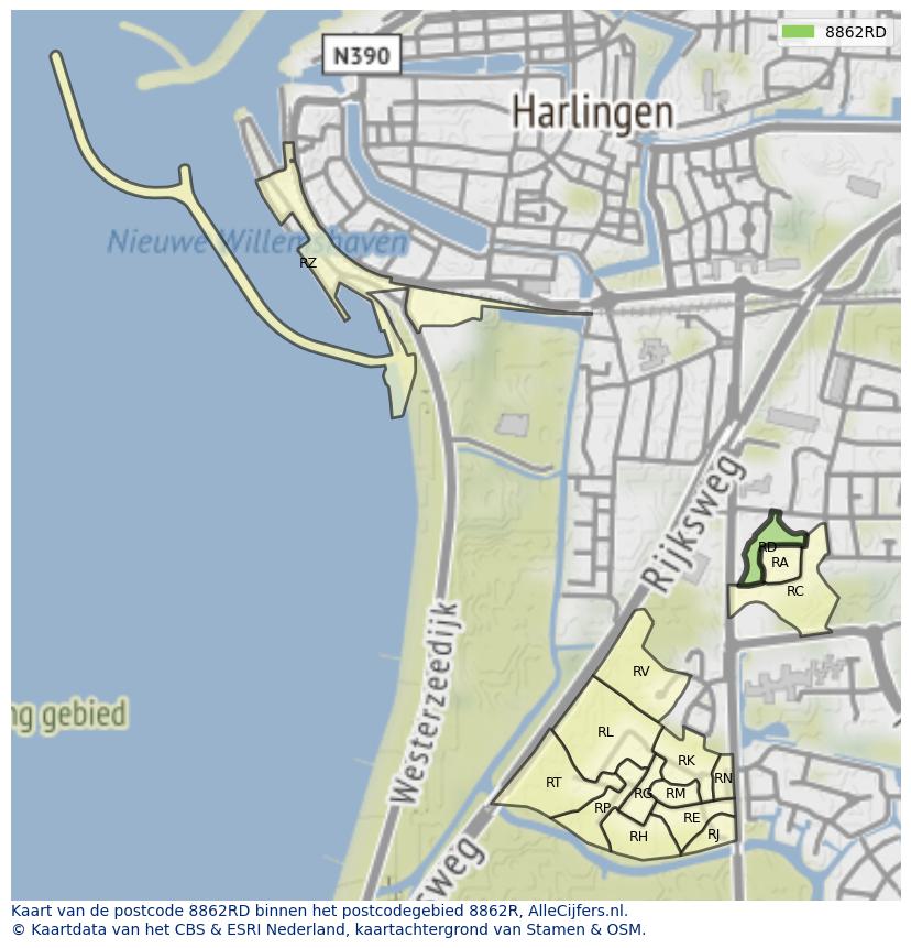 Afbeelding van het postcodegebied 8862 RD op de kaart.