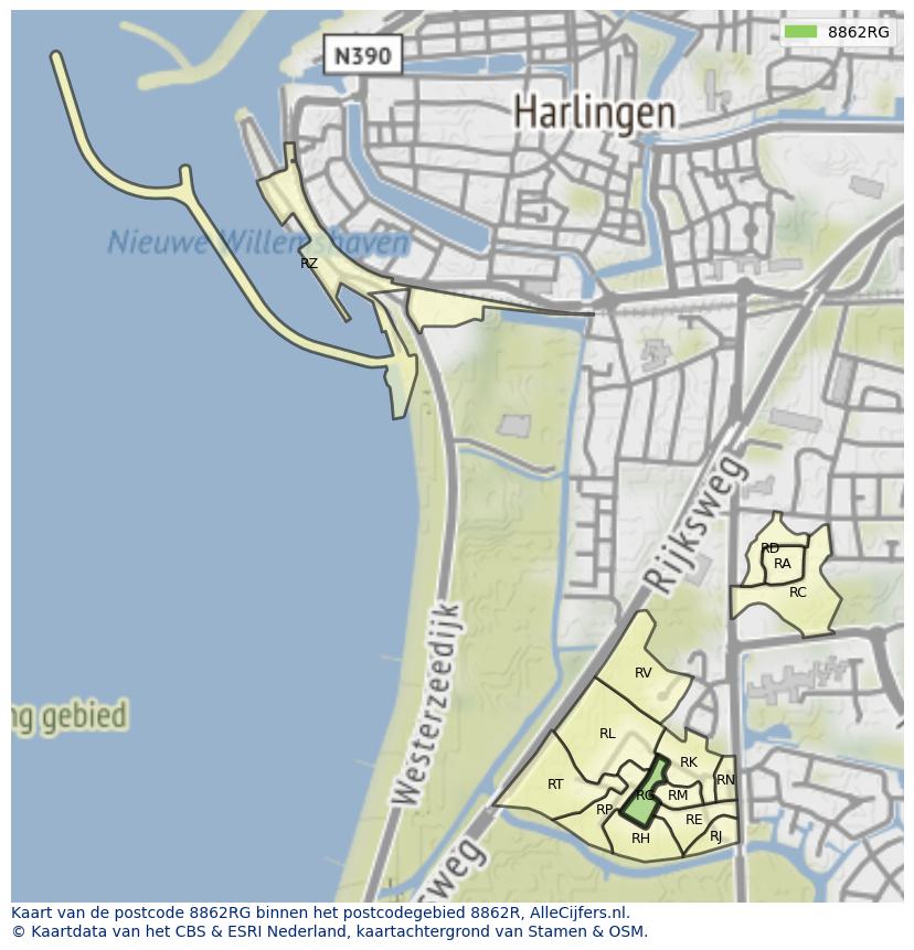 Afbeelding van het postcodegebied 8862 RG op de kaart.