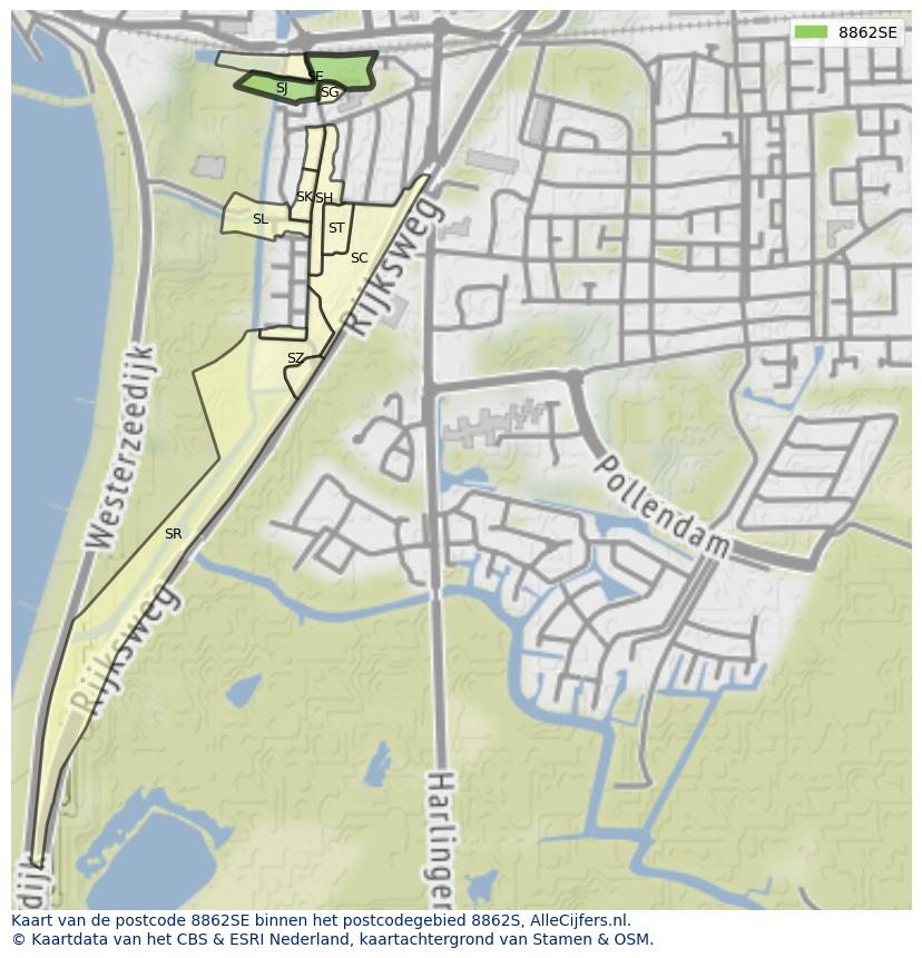 Afbeelding van het postcodegebied 8862 SE op de kaart.
