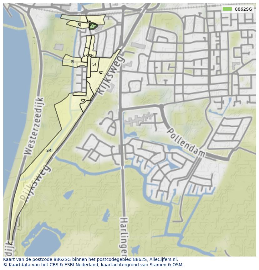 Afbeelding van het postcodegebied 8862 SG op de kaart.