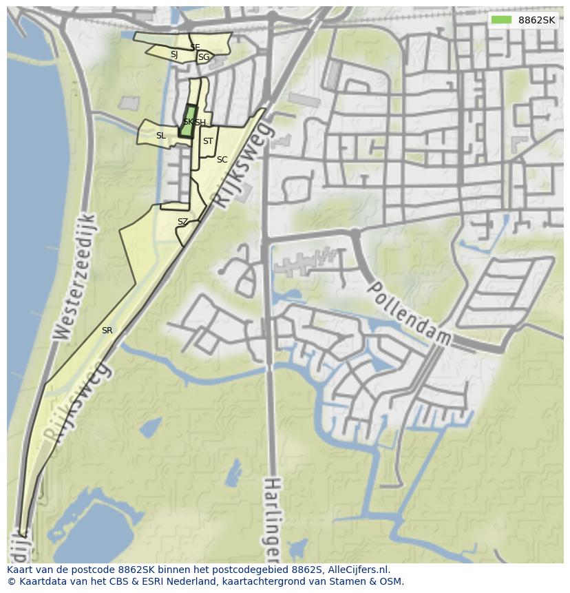 Afbeelding van het postcodegebied 8862 SK op de kaart.