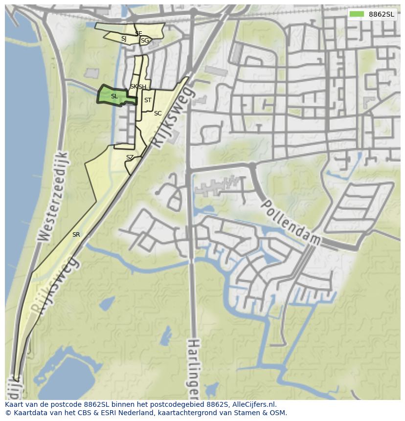 Afbeelding van het postcodegebied 8862 SL op de kaart.
