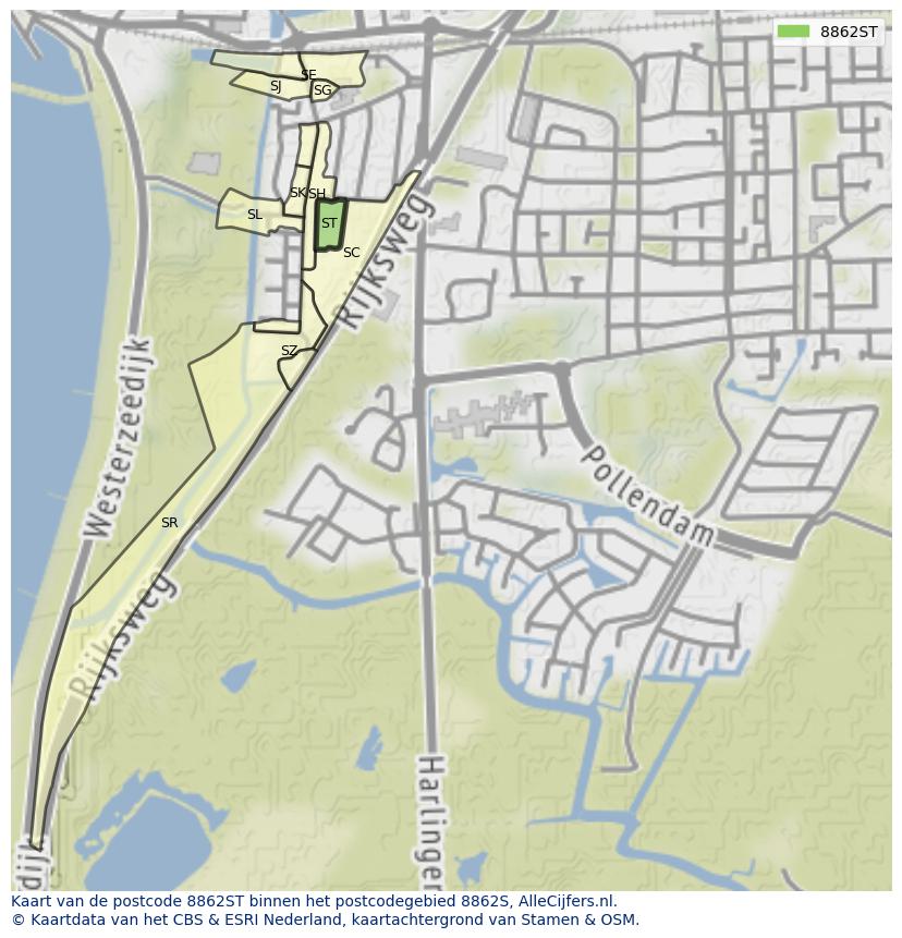 Afbeelding van het postcodegebied 8862 ST op de kaart.